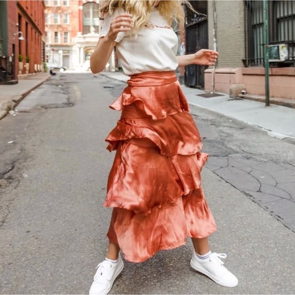 NWT $130 Anthropologie Maeve Cassia Rust Tiered ruffle Midi Skirt Orange Satin 2 - Picture 7 of 8